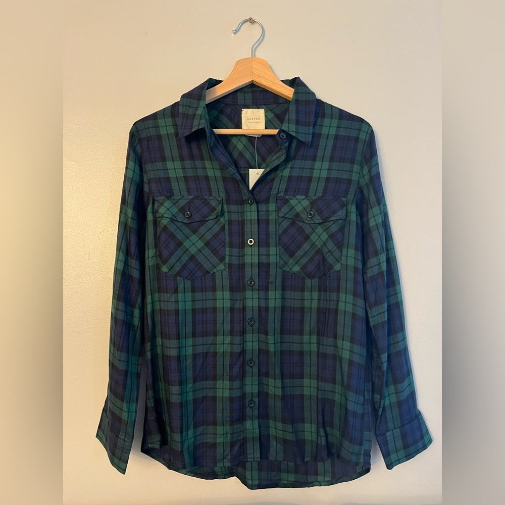 Harper Heritage Navy Blue and Green Plaid button down